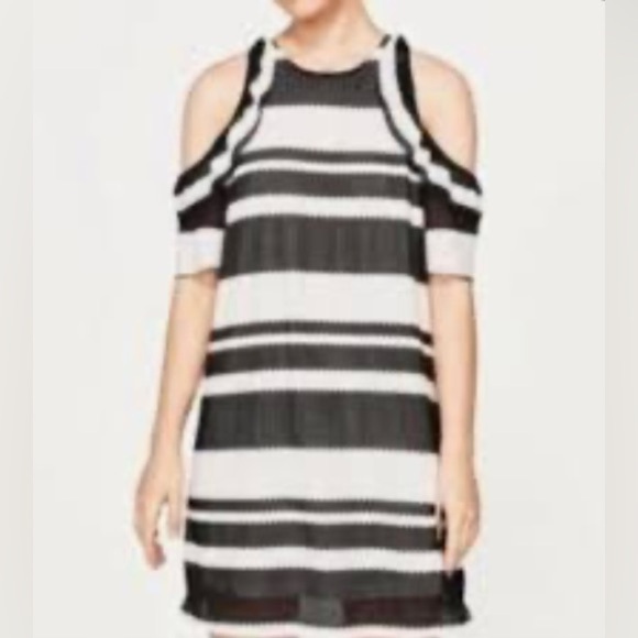 Zara| Black & White Cold Shoulder Dress with Mesh Style Layer, Size Small••• - Picture 1 of 13